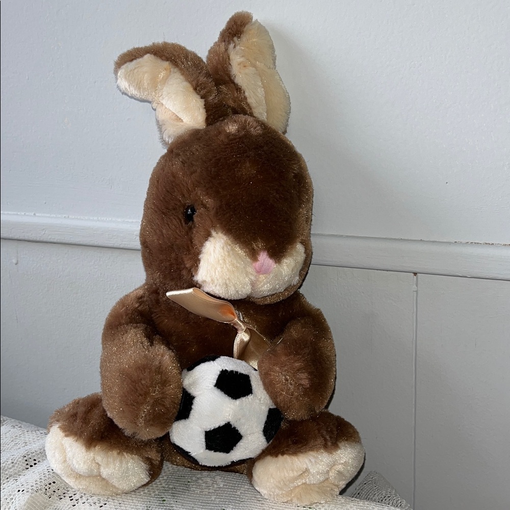 Dan Dee collectors choice Brown Plush Bunny with Soccer Ball 10”
